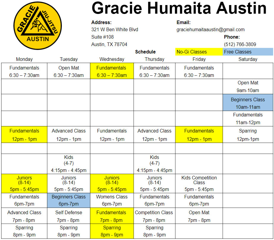Class Schedule for Gracie Austin