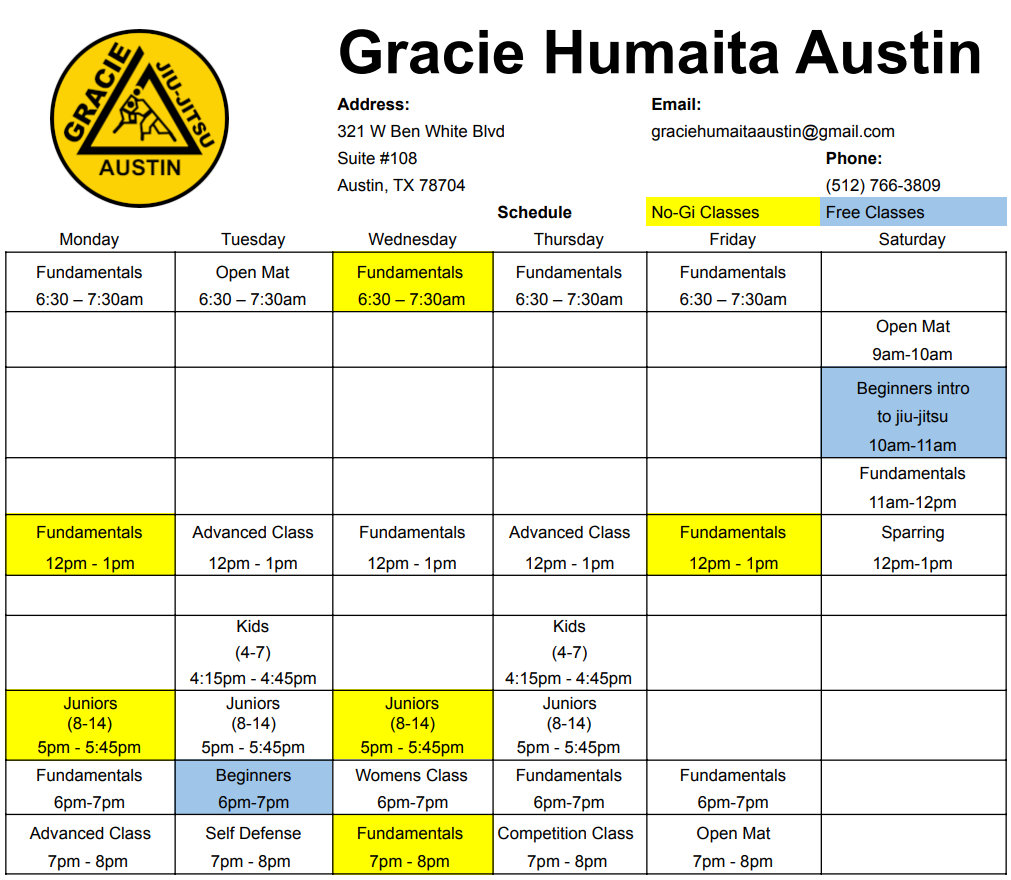 Class Schedule for Gracie Austin